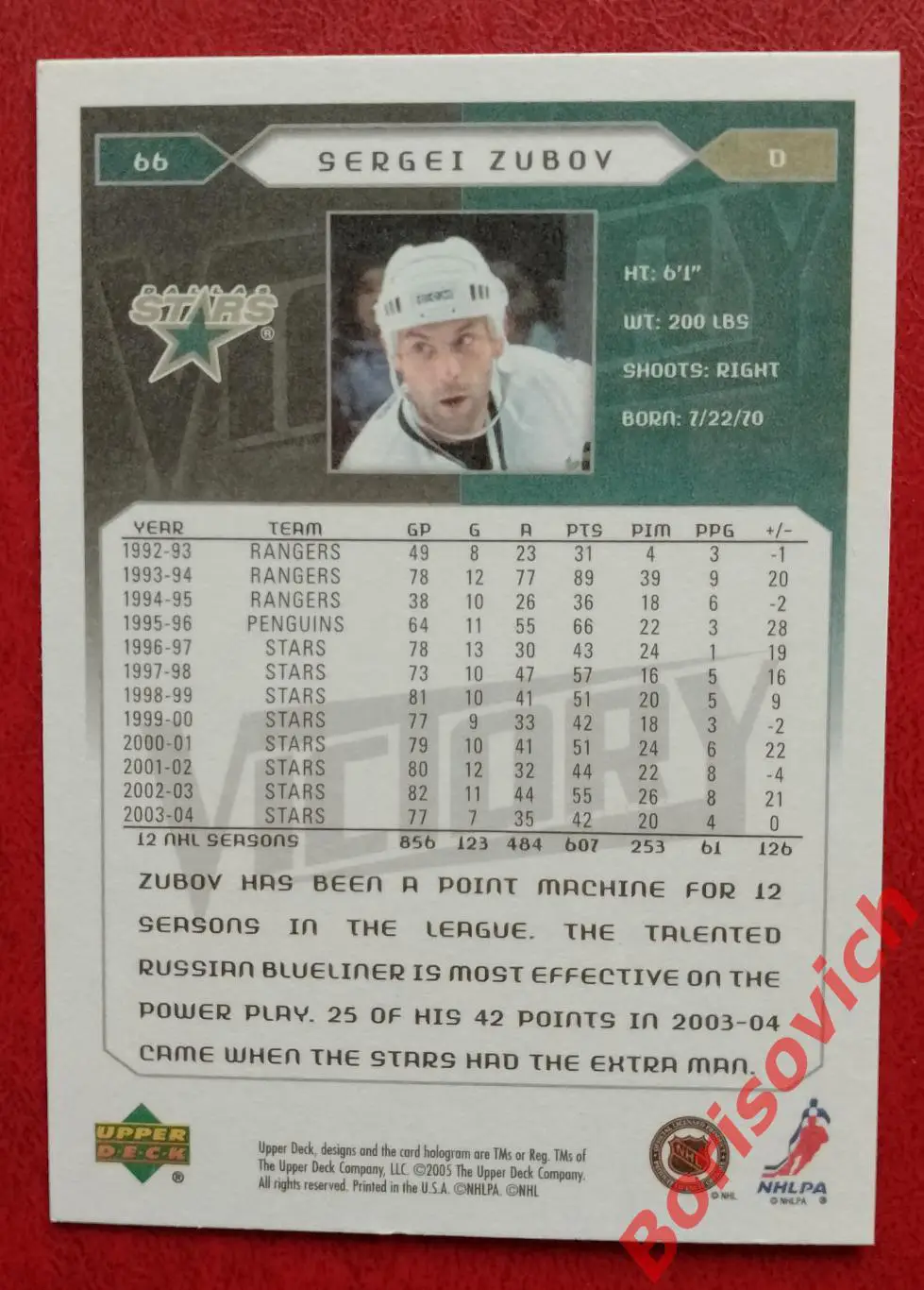 Карточка НХЛ / NHL Сергей Зубов / Sergei Zubov Даллас Старс N 66 1