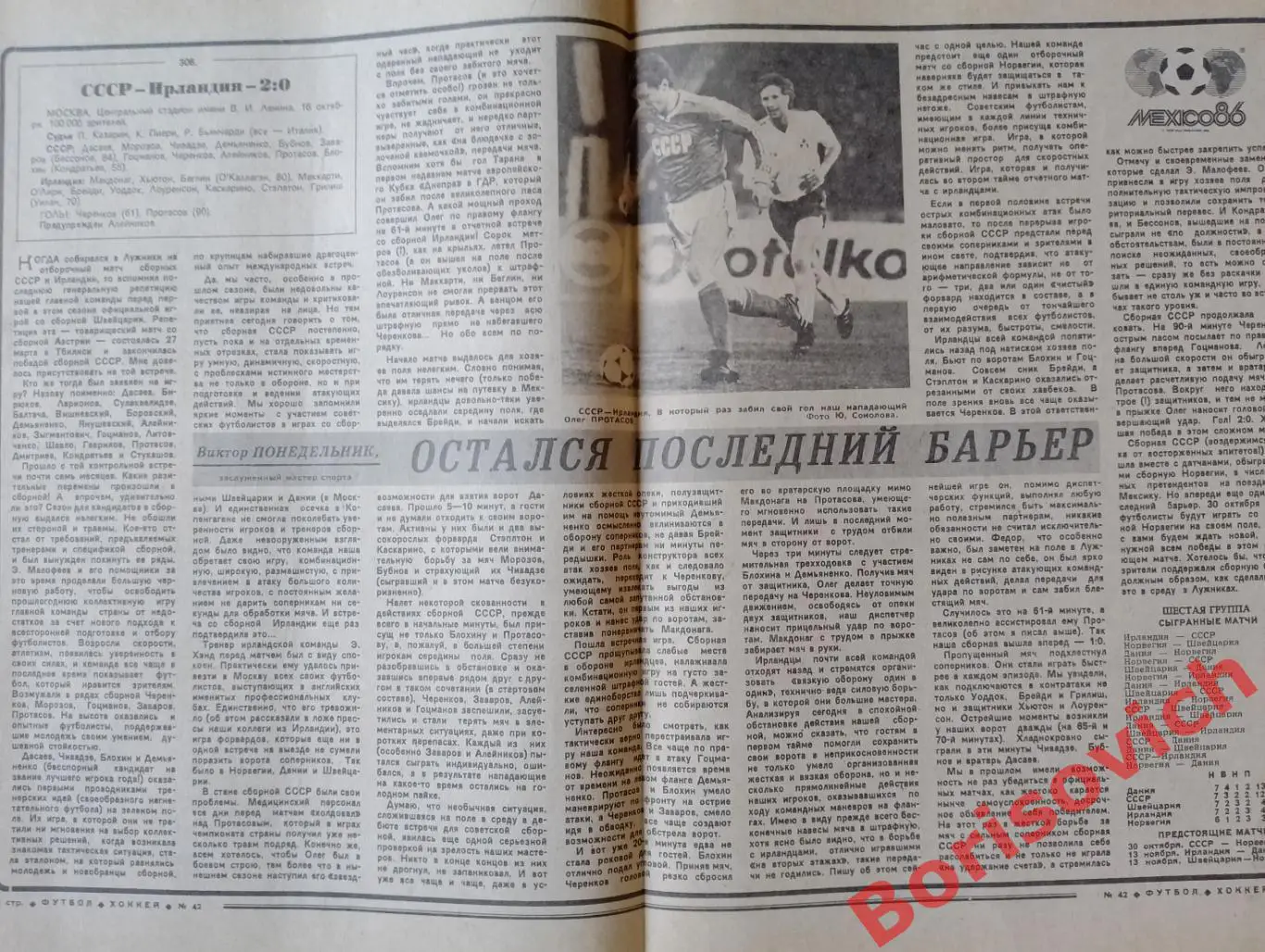 Футбол - Хоккей N 42 1985 Черенков Спартак СССР Ирландия 1