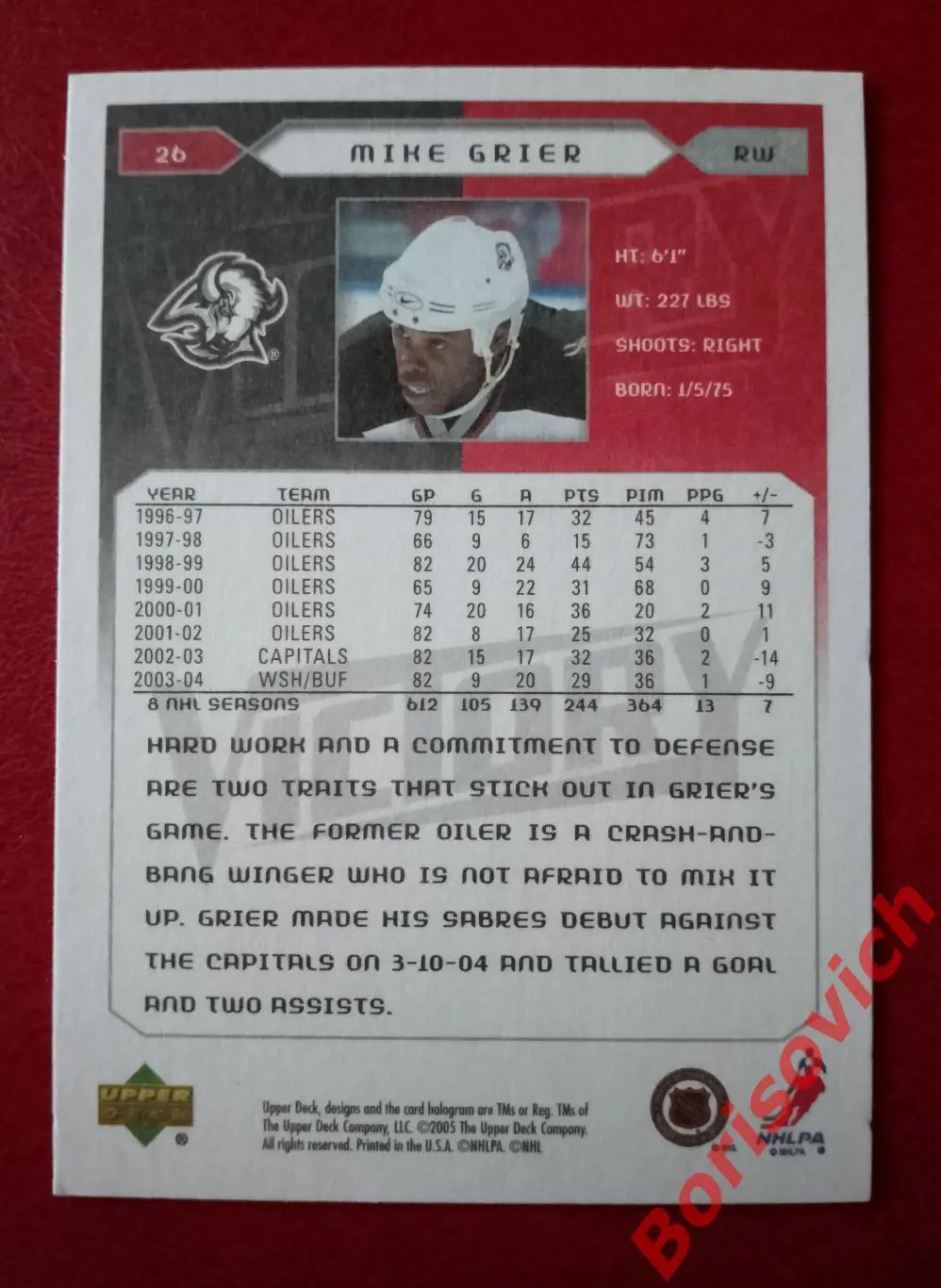 Карточка НХЛ / NHL Майк Грир / Баффало Сейбрз N 26 1