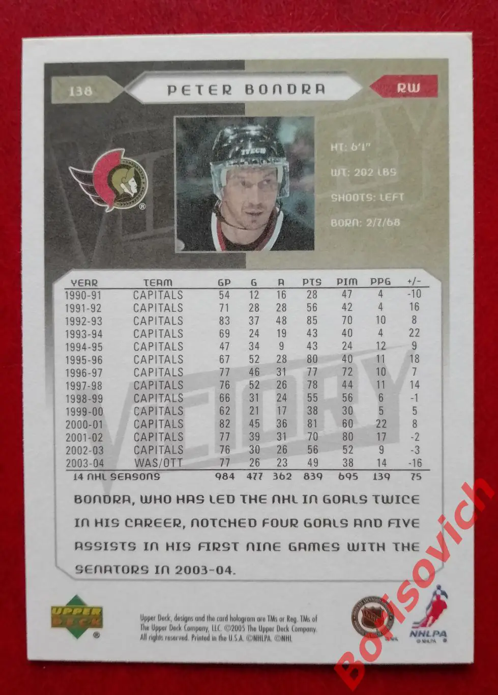Карточка НХЛ / NHL Петер Бондра / Оттава Сенаторс N 138 1