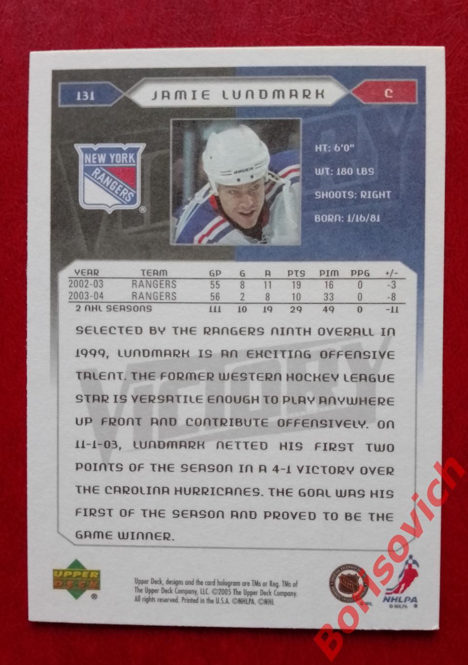 Карточка НХЛ / NHL Джейми Лундмарк / Нью-Йорк Рейнджерс N 131. 3 1