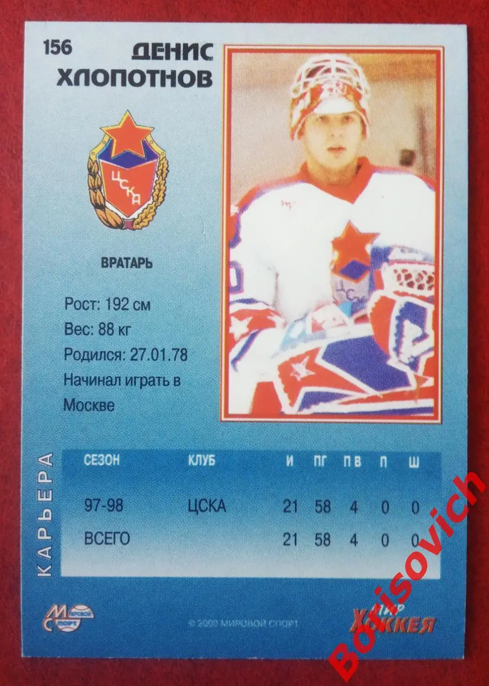 Денис Хлопотнов ЦСКА Москва Мировой спорт N 156 1999-2000 1