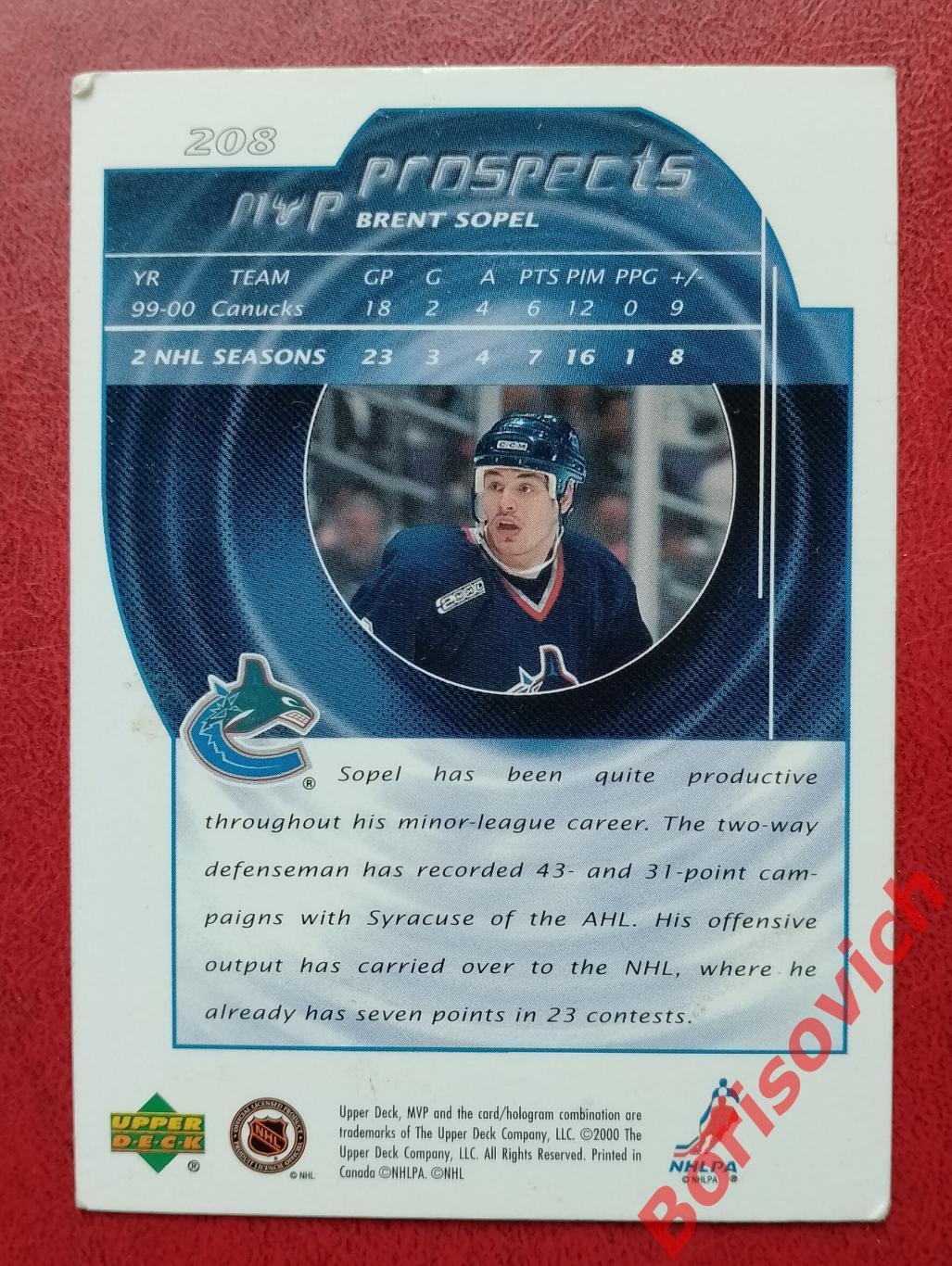 Карточка НХЛ / NHL Брент Сопел / Brent Sopel Ванкувер Кэнакс N 208 1