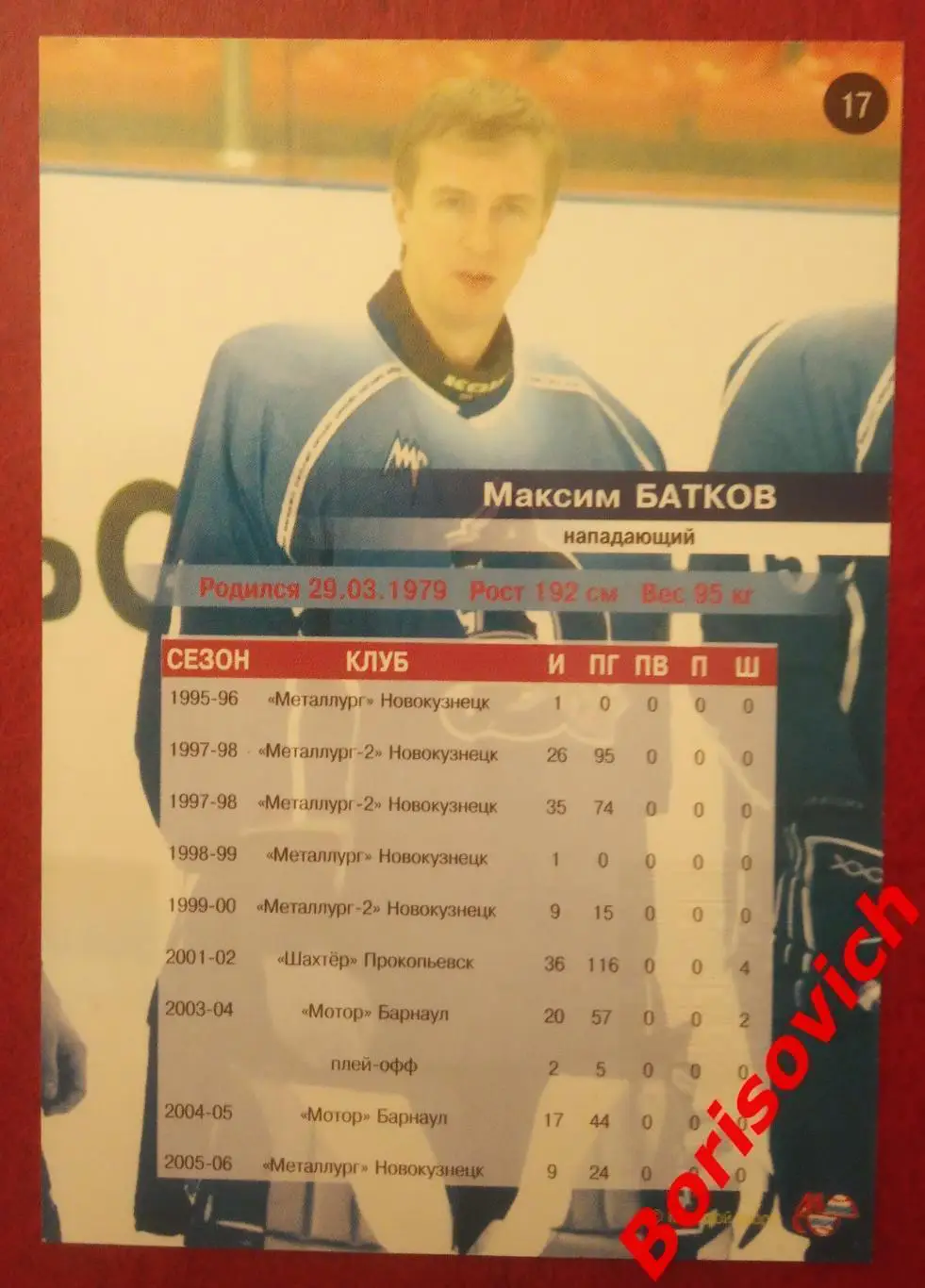 Максим Батков Динамо Москва Новокузнецк Прокопьевск Барнаул N 17 Сезон 2006-2007 1