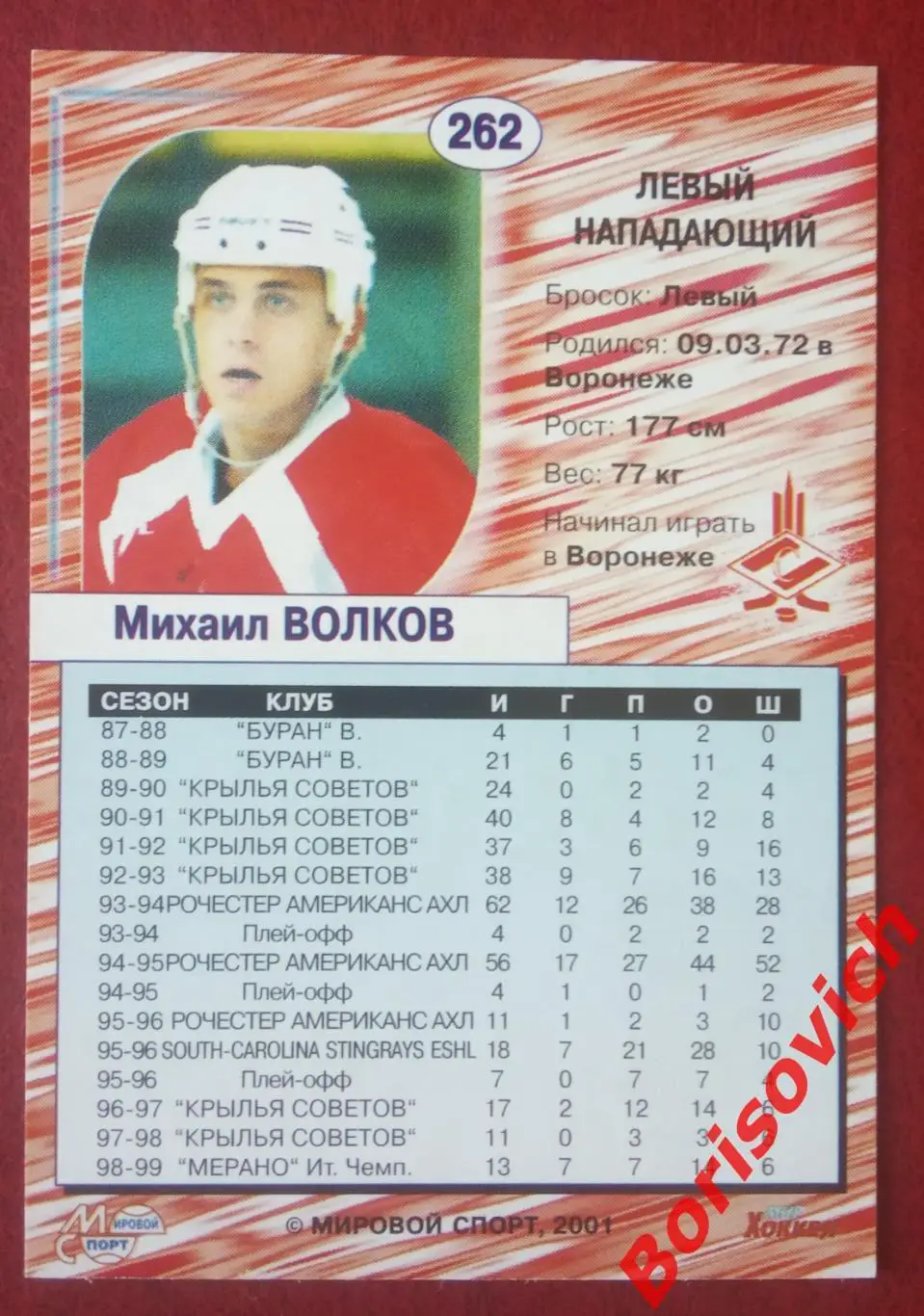 Михаил Волков Спартак Москва Российский хоккей Сезон 2000-2001 N 262. 2 1