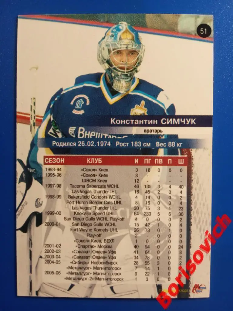Константин Симчук ХК МВД Московская область Спартак Сезон 2006-2007 N 51 1