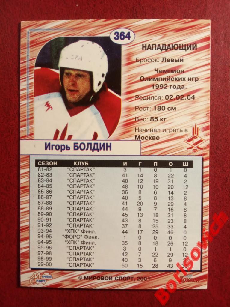 Игорь Болдин Спартак Москва Российский хоккей Сезон 2000-2001 N 364 1