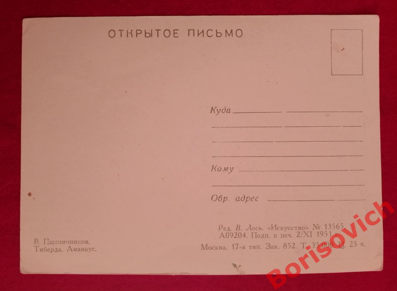 Открытое письмо В. Пшеничников Тиберда Аманаус 1951 г 1