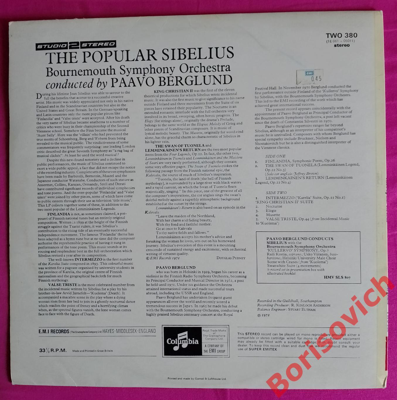 THE POPULAR SIBELIUS Paavo Berglund Bournemouth Symphony Orchestra LP 1972 EMI 3