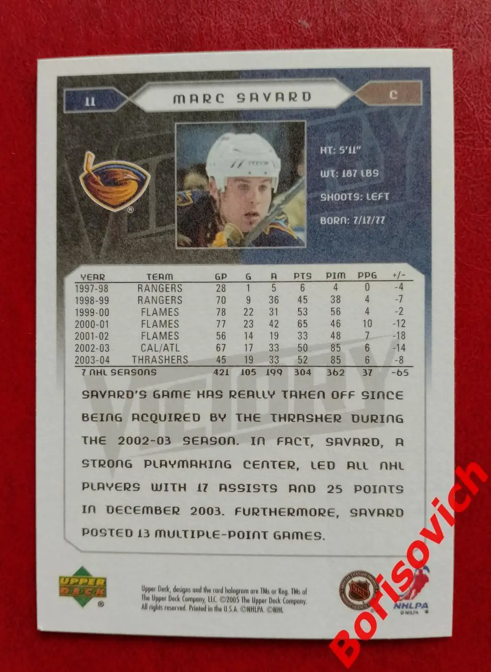 Карточка НХЛ / NHL Марк Савар / Атланта Трэшерс N 11 1