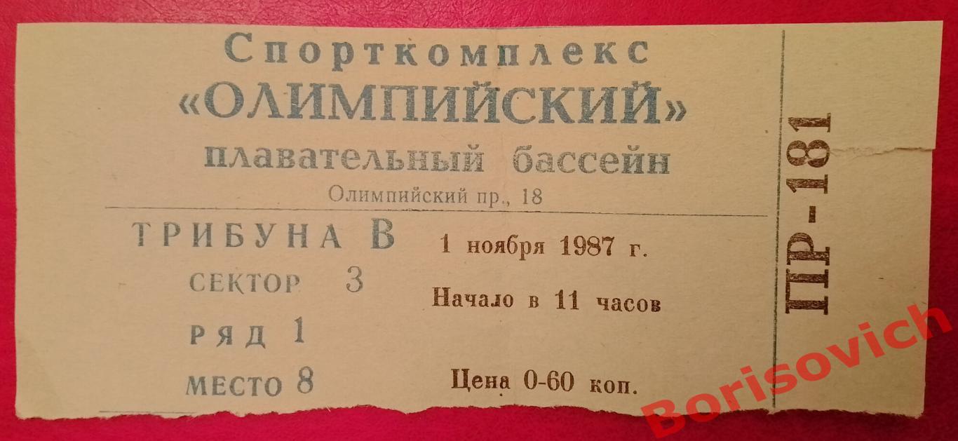 Билет Синхронное плавание II Кубок Москвы 01.11.1987