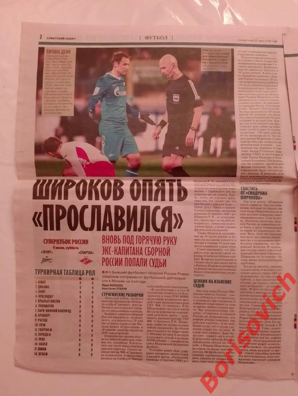 Советский спорт 20 июня 2022 Спартак Зенит 1