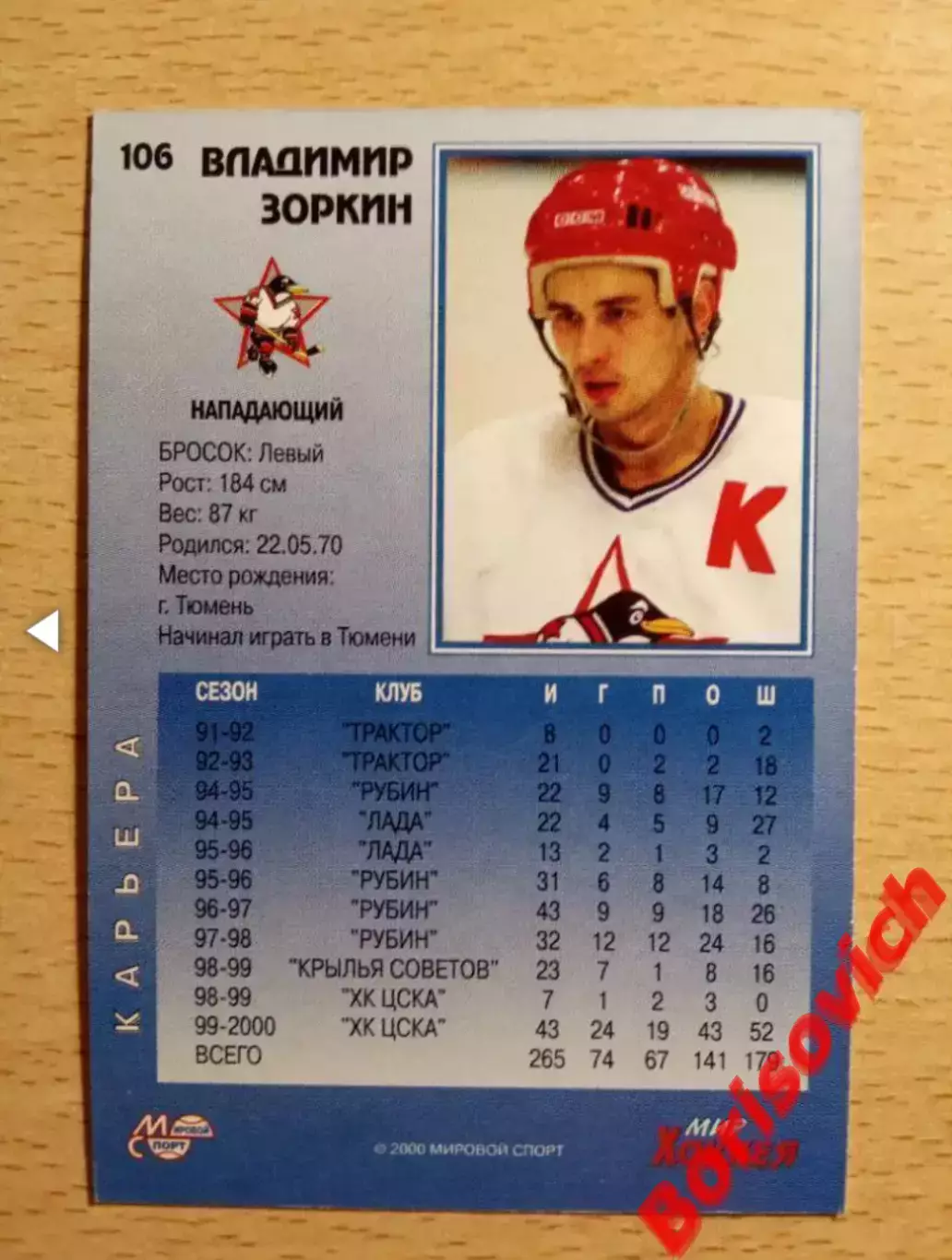 Владимир Зоркин Трактор Лада Крылья ХК ЦСКА Москва Мировой спорт N 106 1999-2000 1
