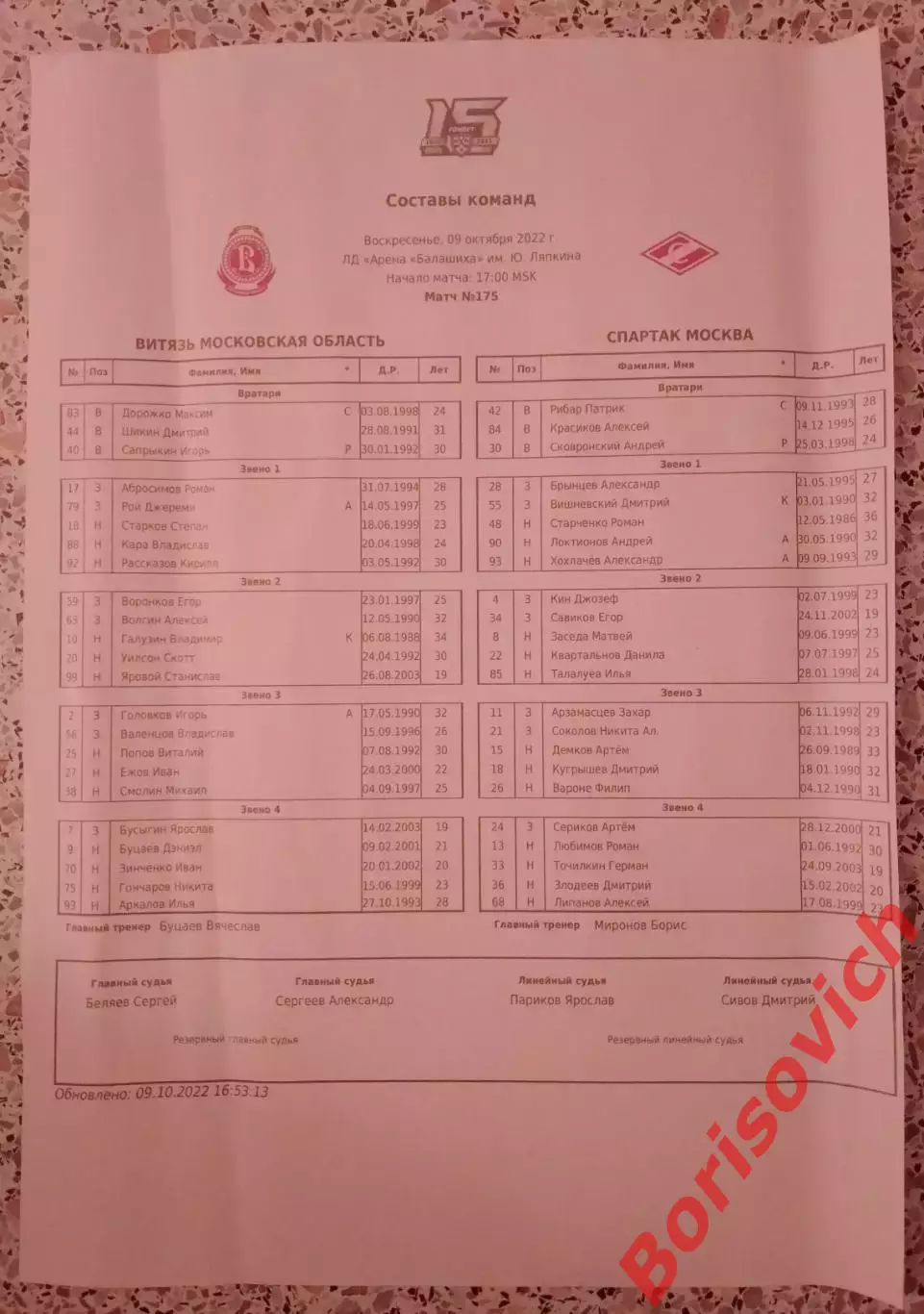 Стартовые составы Витязь Подмосковье - Спартак Москва 09-10-2022 Обмен