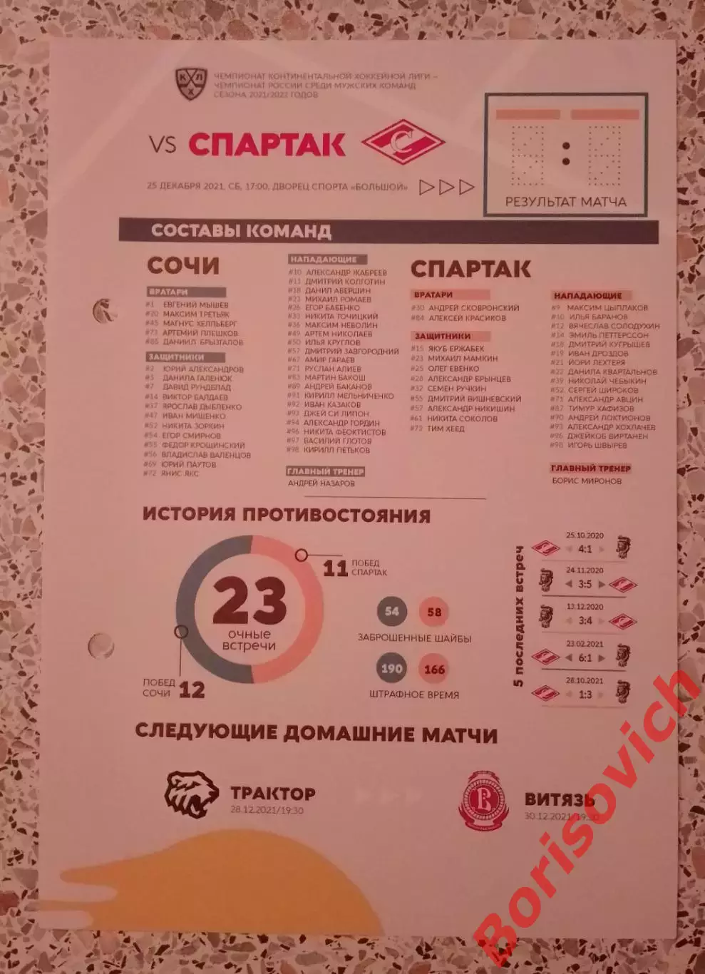 ХК Сочи Сочи - Спартак Москва 25-12-2021 ОБМЕН