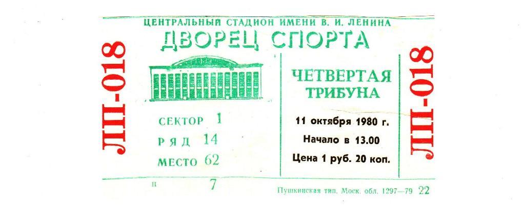 Билет. Хоккей. Динамо Москва - ЦСКА - 11.10.1980