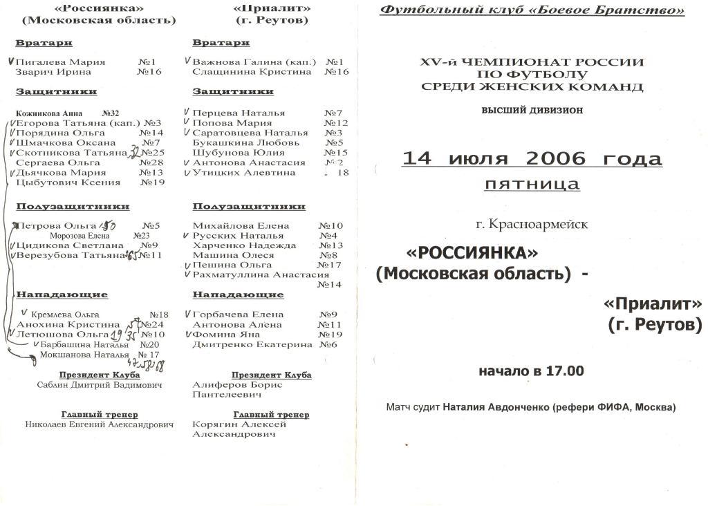 Россиянка (Московская обл) - Приалит (Реутов) - 14.07.2006 (женский футбол)