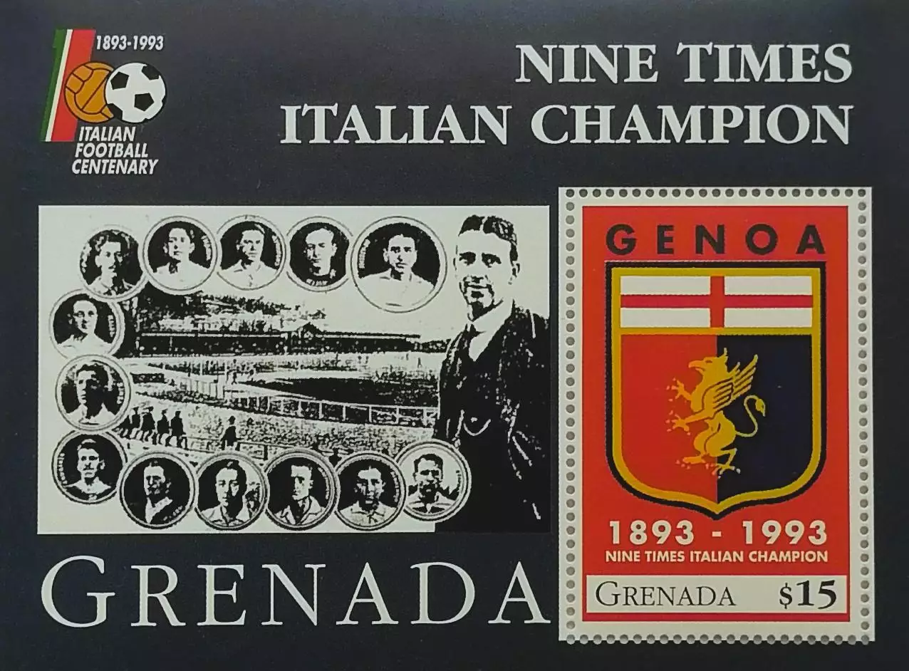 Блок. Гренада 1993. Футбол. 100 лет ФК Дженоа Италия.