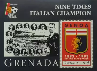 Блок. Гренада 1993. Футбол. 100 лет ФК Дженоа Италия.