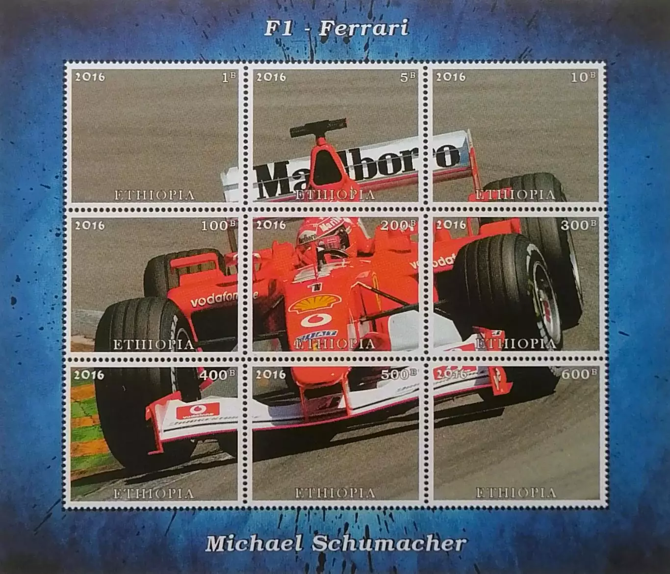 Блок б/з. Эфиопия 2016. Формула - 1. Феррари. Михаэль Шумахер.