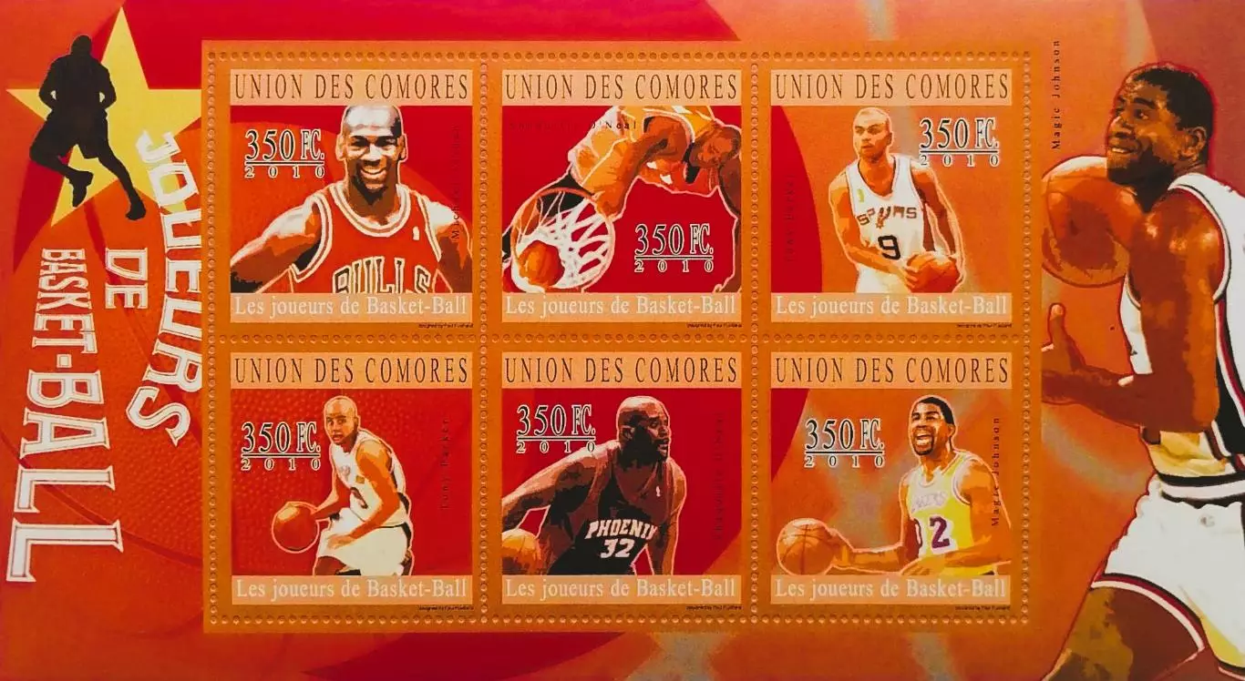 Малый лист. Коморы 2010. Майкл Джордан. Шакил О’Нил. Тони Паркер. Мэджик Джонсон