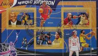 Малый лист. Коморы 2010. Мэджик Джонсон. Ларри Берд. Майкл Джордан.