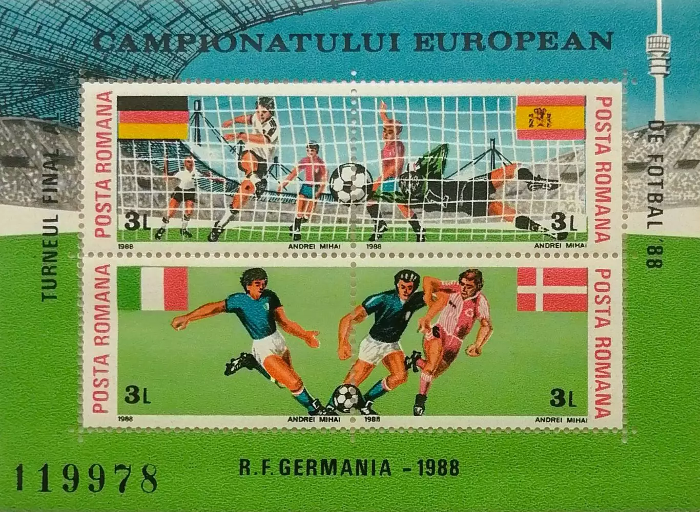 Малый лист. Румыния 1988. Чемпионат Европы по футболу. Германия 1988. (2)