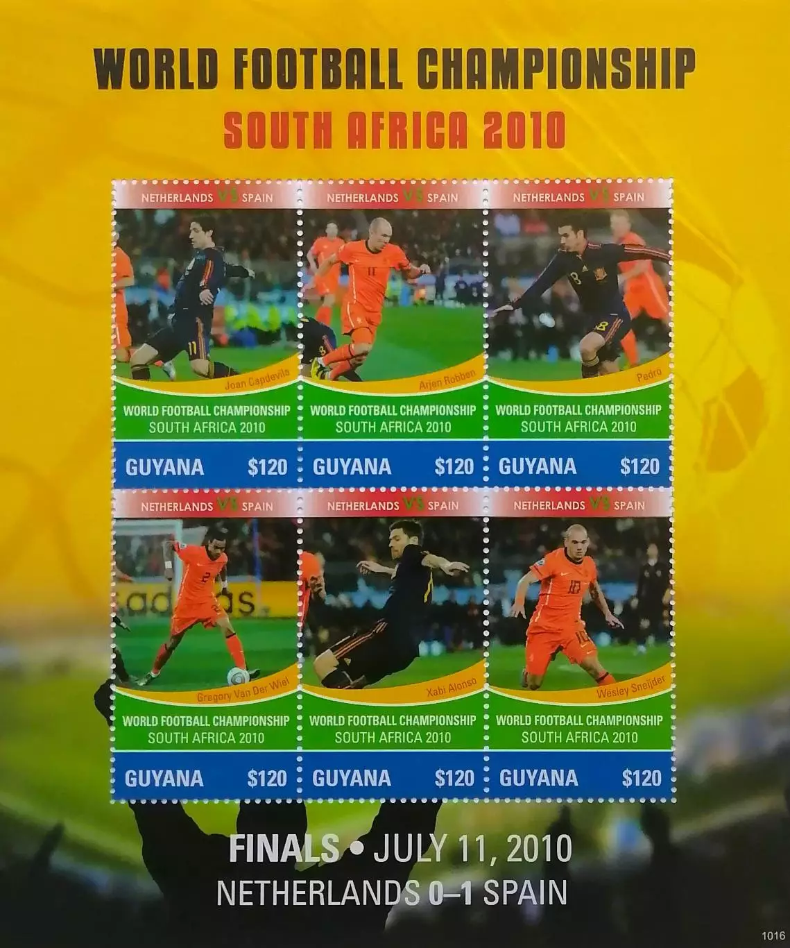 Малый лист. Гайана 2010. ЧМ по футболу. ЮАР 2010. Нидерланды - Испания - 0:1.