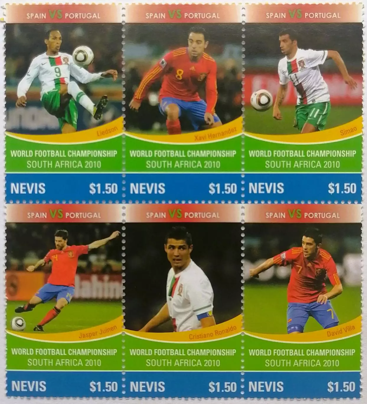 Малый лист. Невис 2010. ЧМ по футболу. ЮАР 2010. Матч Испания - Португалия.