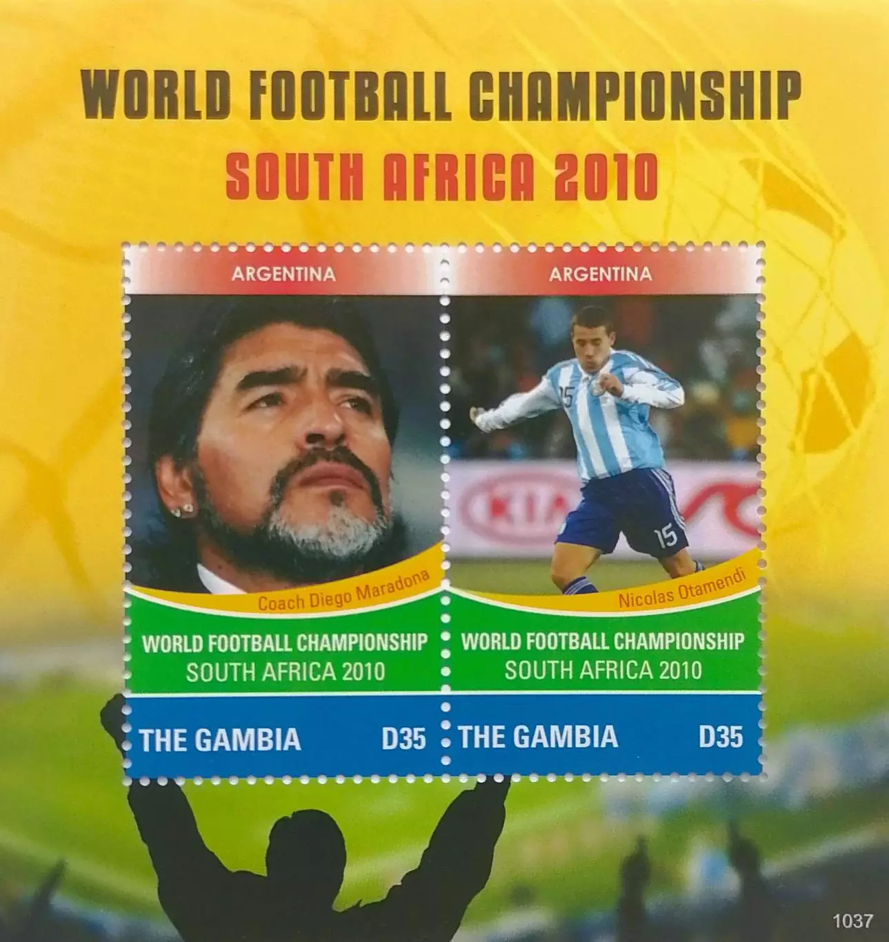 Малый лист. Гамбия 2010. ЧМ по футболу. ЮАР 2010. Марадона. Отаменди. Аргентина.