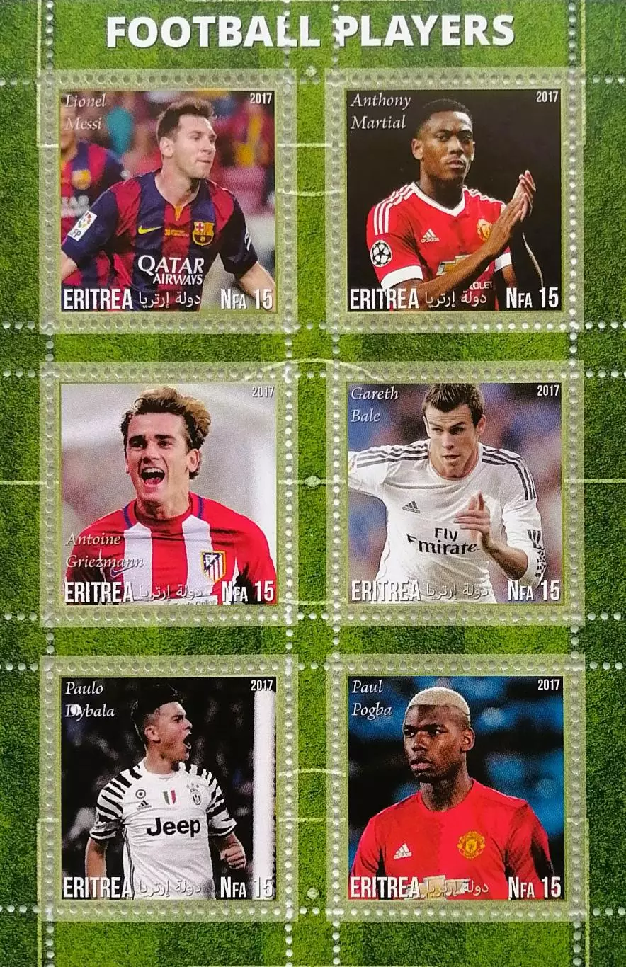 Малый лист. Эритрея 2017. Месси. Марсьяль. Гризманн. Бэйл. Дибала. Погба.