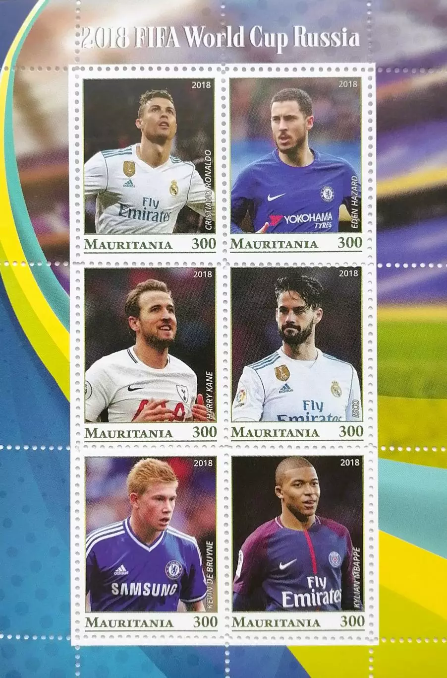 Малый лист. Мавритания 2018. Роналду. Азар. Кейн. Иско. Де Брейне. Мбаппе.
