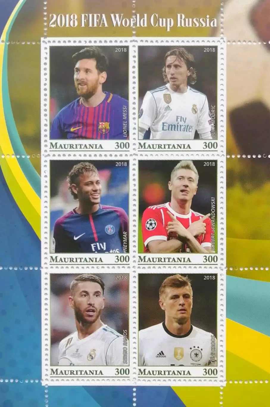 Малый лист. Мавритания 2018. Месси. Модрич. Неймар. Левандовски. Рамос. Кроос.