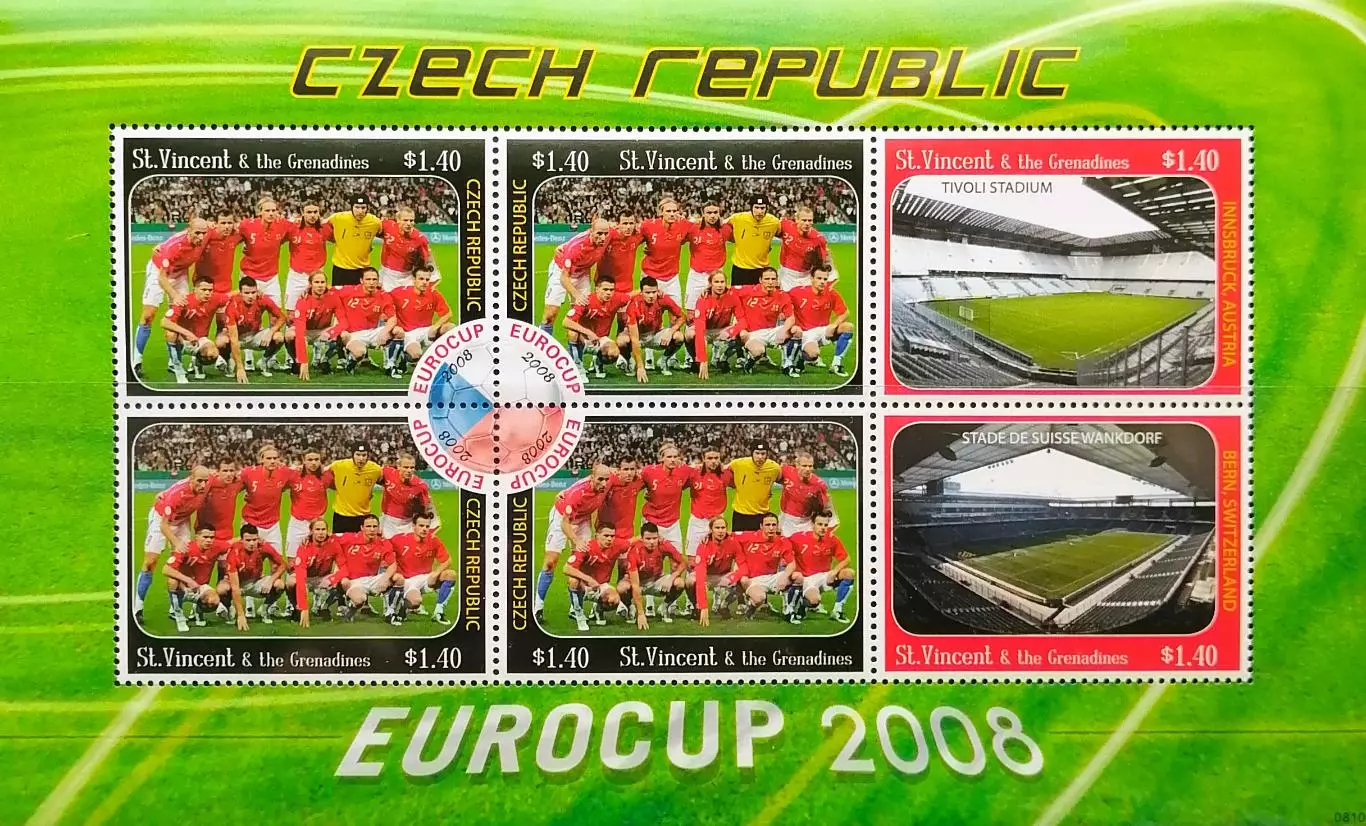 Малый лист. Сент-Винсент и Гренадины 2008. ЧЕ по футболу 2008. Сборная Чехия.
