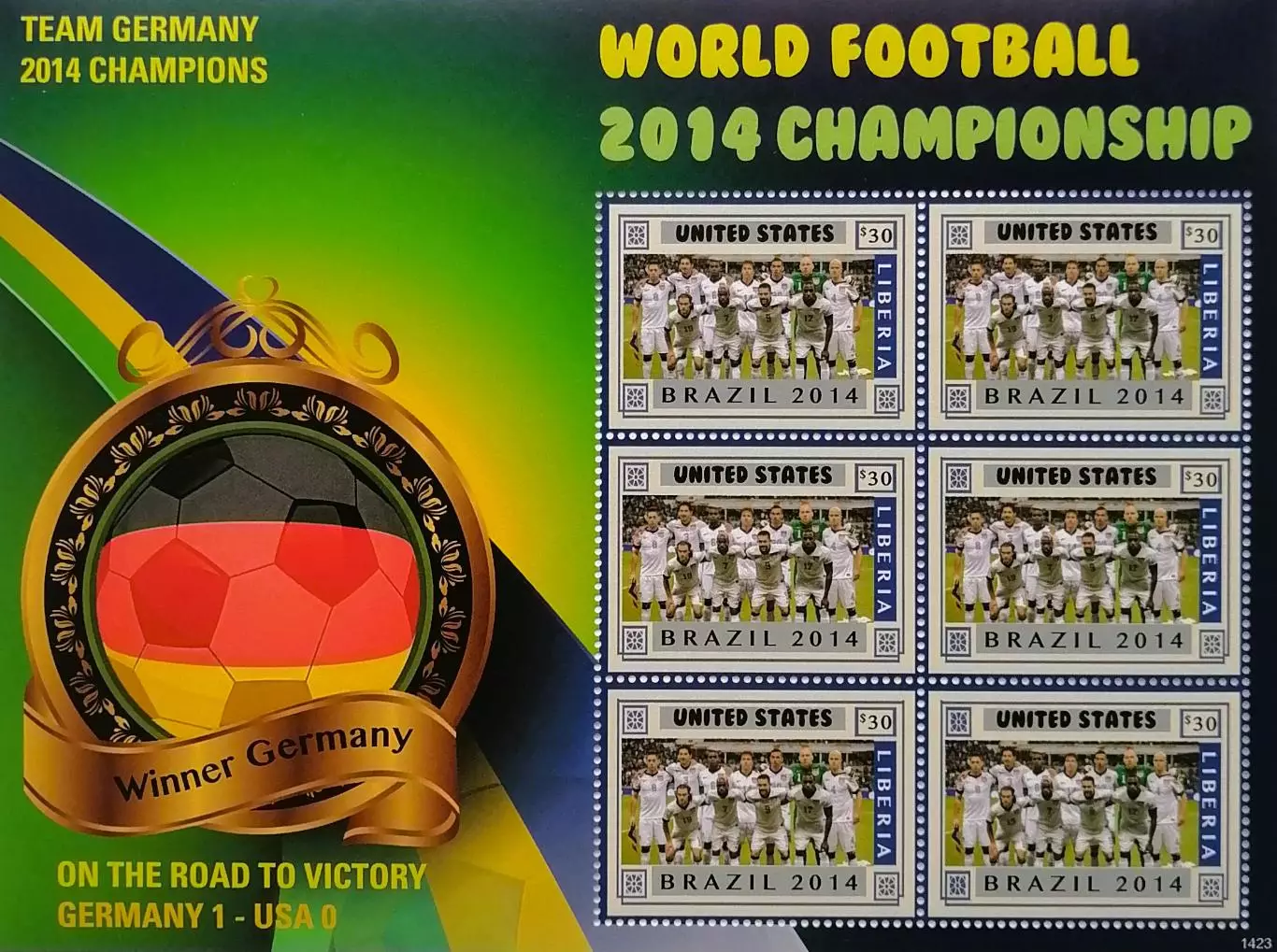 Малый лист. Либерия 2014. Чемпионат мира по футболу. Бразилия 2014. Сб. США.