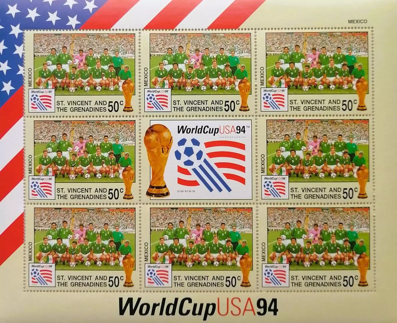 Малый лист. Сент-Винсент и Гренадины 1994. ЧМ по футболу. США 1994. Сб. Мексика.