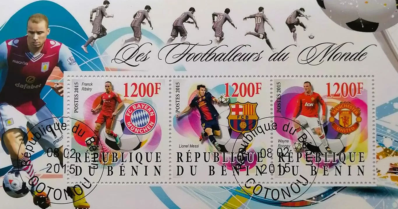 Малый лист. Бенин 2015. Футбол. Рибери. Месси. Руни.