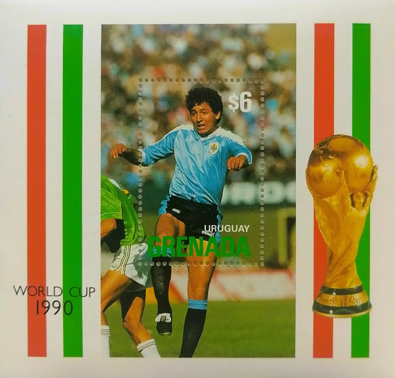 Блок. Гренада 1990. Чемпионат мира по футболу. Италия 1990. Уругвай.