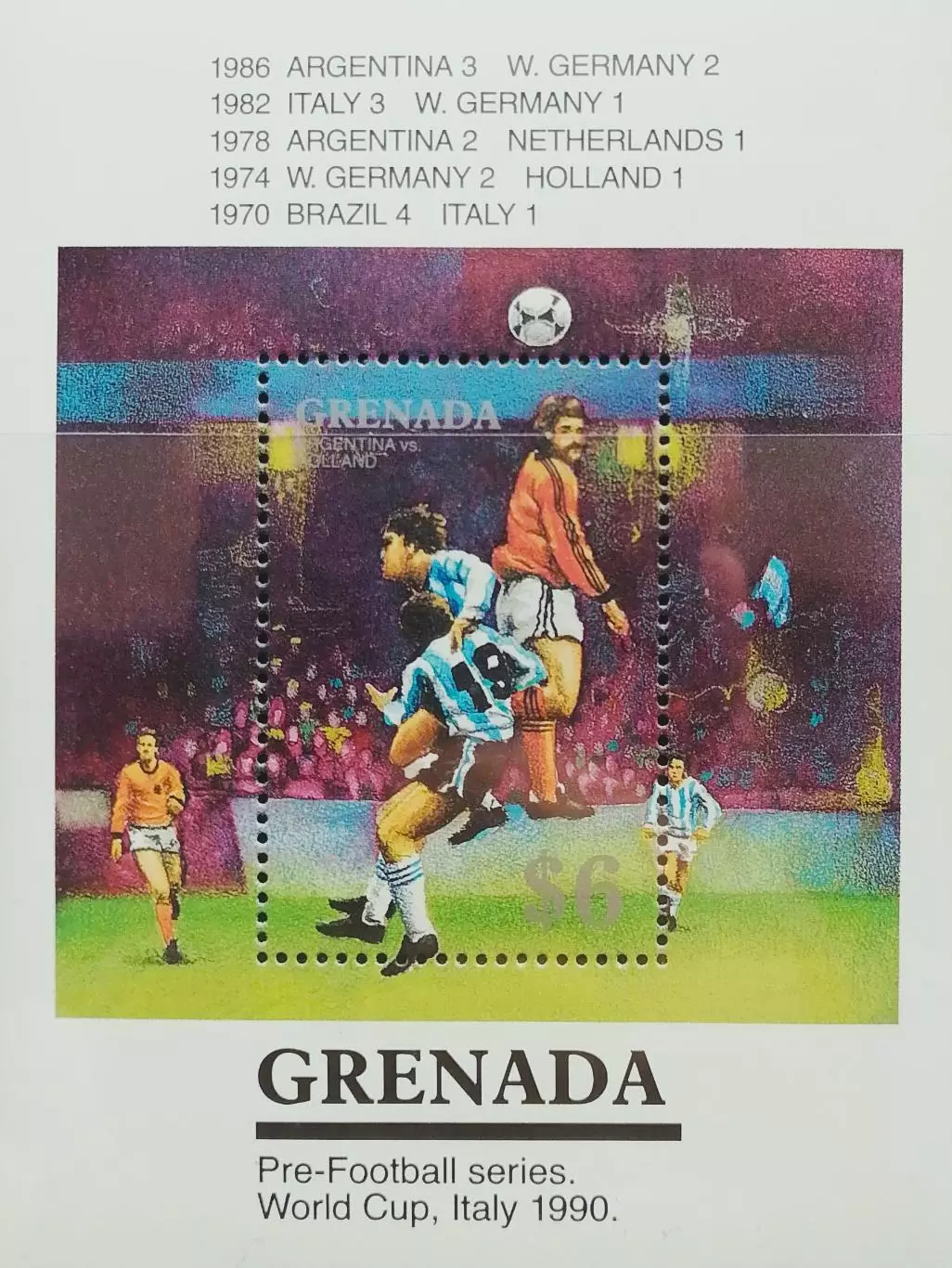 Блок. Гренада 1990. Чемпионат мира по футболу. Италия 1990. Финалы 1970-1986.