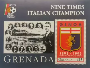Блок. Гренада 1993. Футбол. 100 лет ФК Дженоа Италия.
