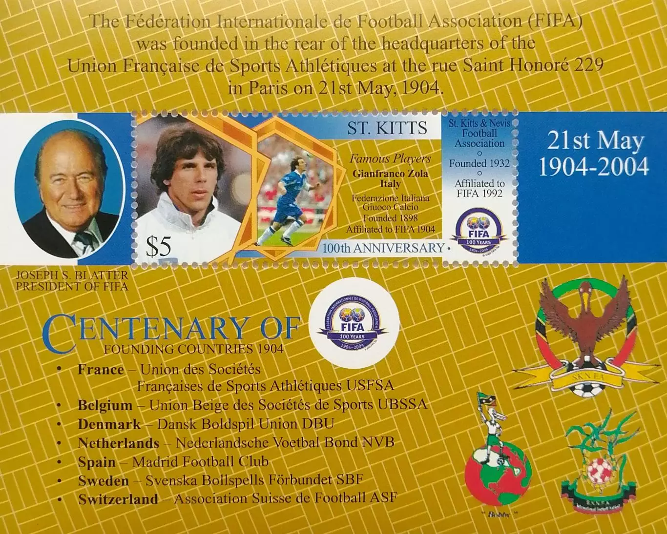 Блок. Сент-Китс и Невис 2004. 100 лет ФИФА. Йозеф Блаттер. Джанфранко Дзола.