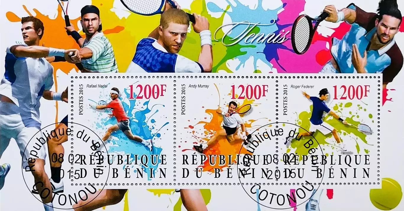 Малый лист. Бенин 2015. Теннис. Рафаэль Надаль. Энди Маррей. Роджер Федерер.
