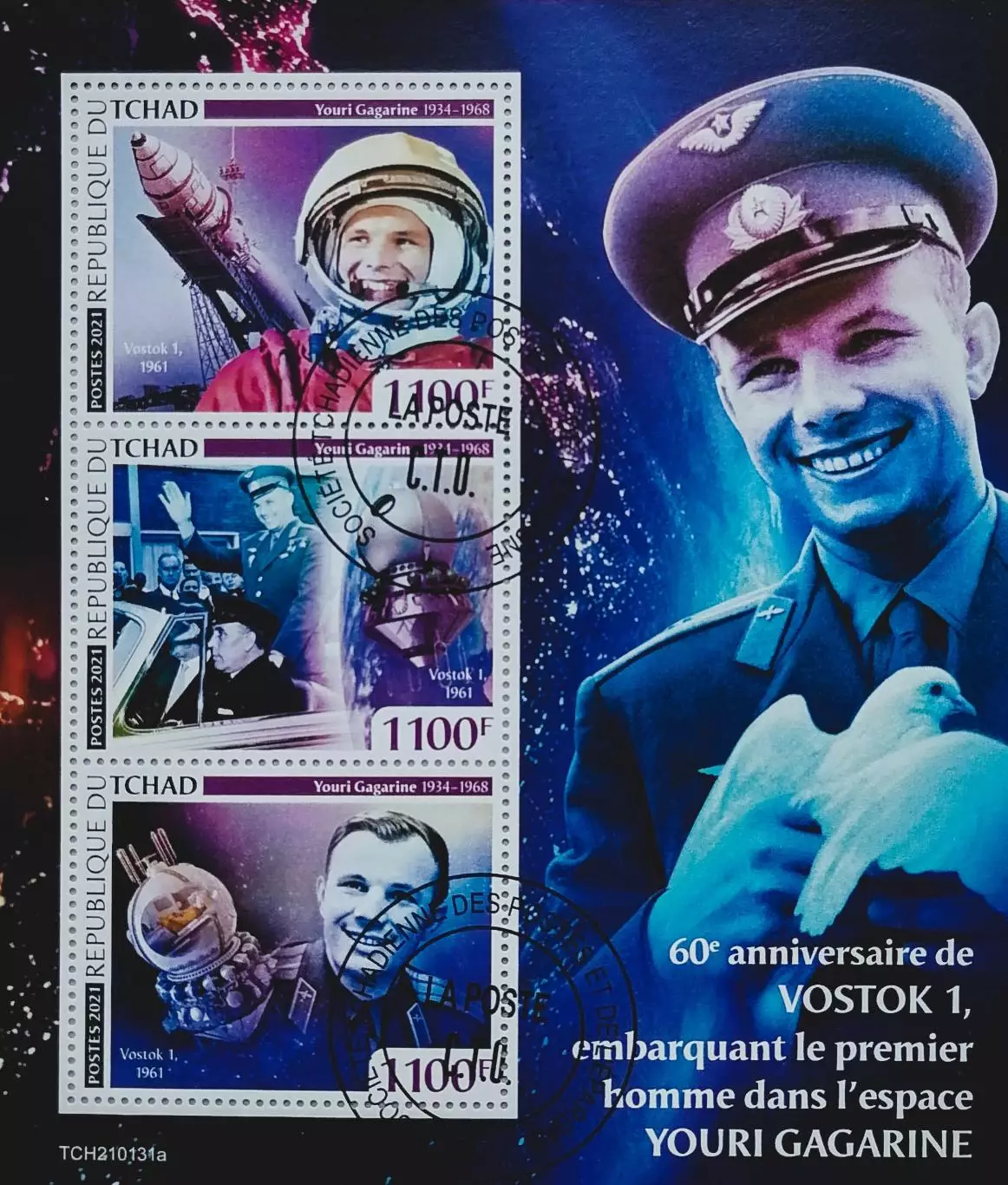 Малый лист. Чад 2021. Космос. Ю.Гагарин.