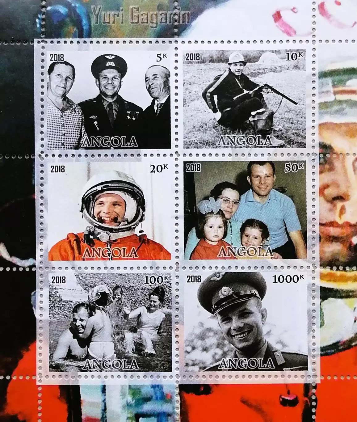Малый лист. Ангола 2018. Космос. Ю.Гагарин.