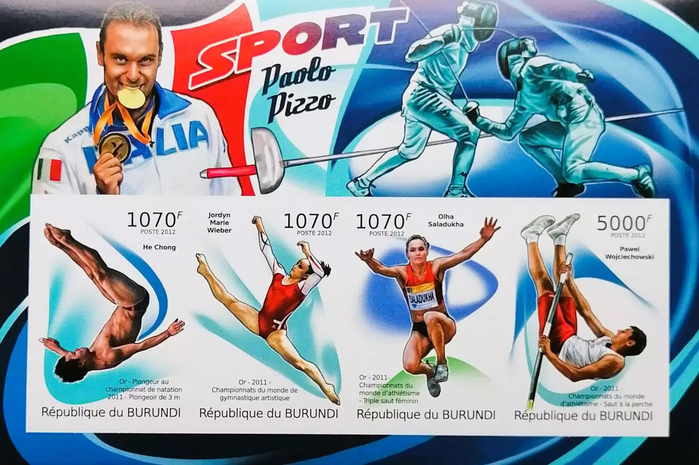 Малый лист б/з. Бурунди 2012. Спортсмены, чемпионы мира.