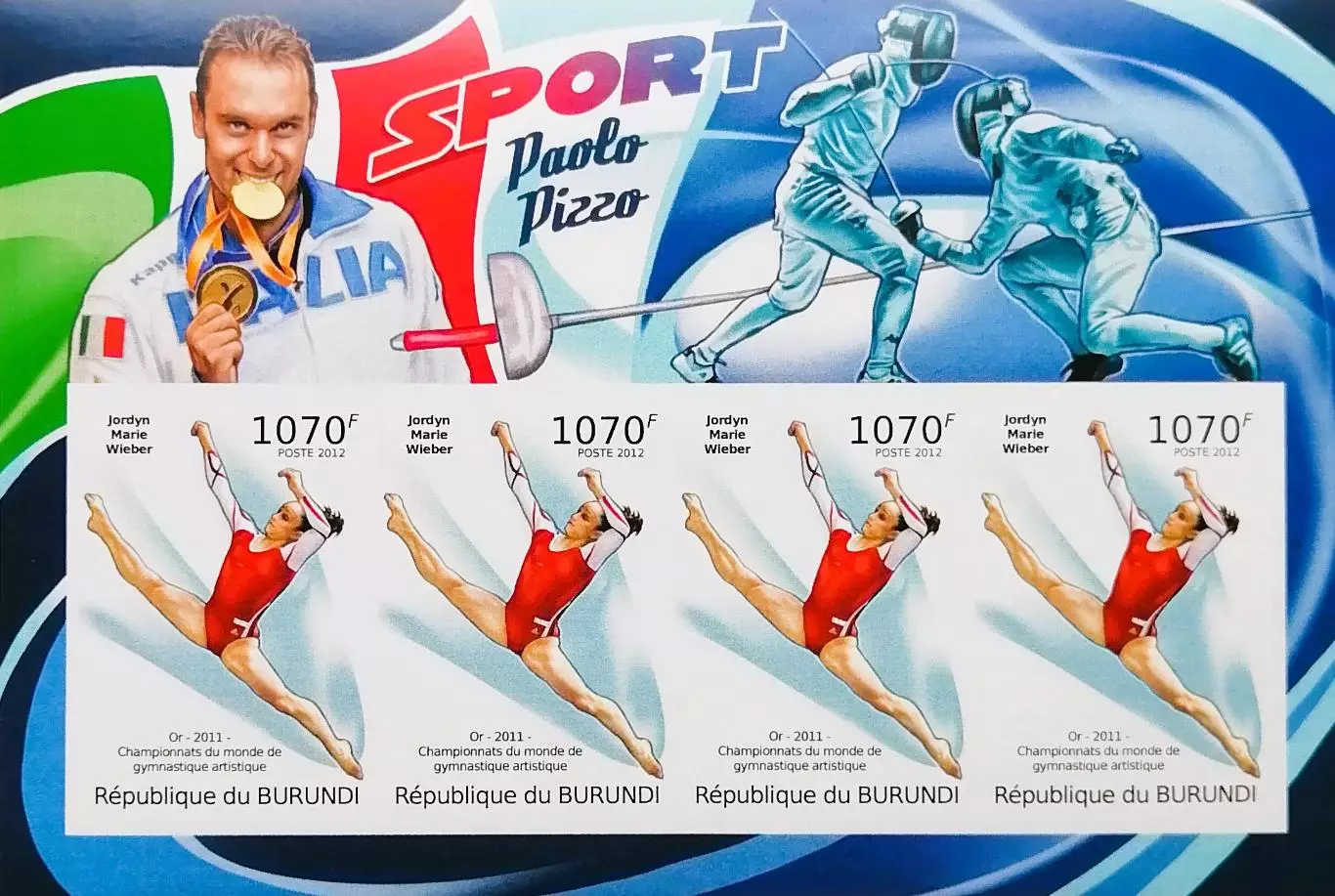 Малый лист б/з. Бурунди 2012. Чемпионка мира Джордин Уибер. Спорт. гимнастика.