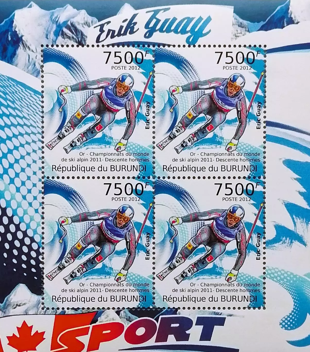 Малый лист. Бурунди 2012. Чемпион мира Эрик Гэй. Горнолыжный спорт.