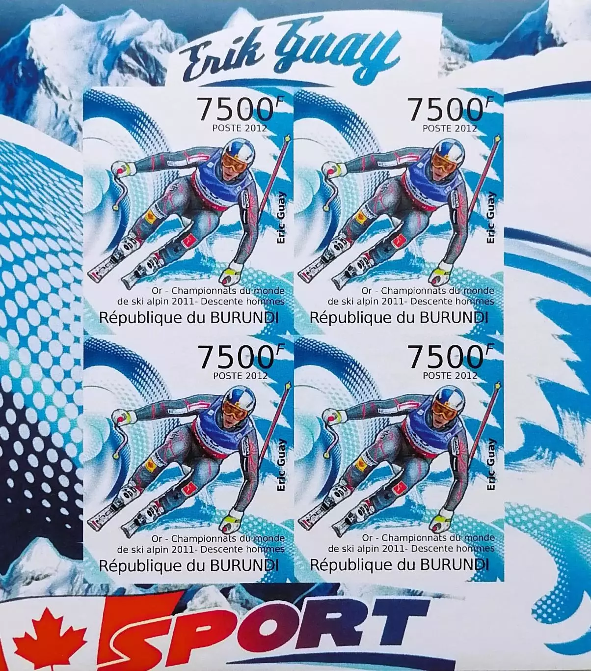 Малый лист б/з. Бурунди 2012. Чемпион мира Эрик Гэй. Горнолыжный спорт.