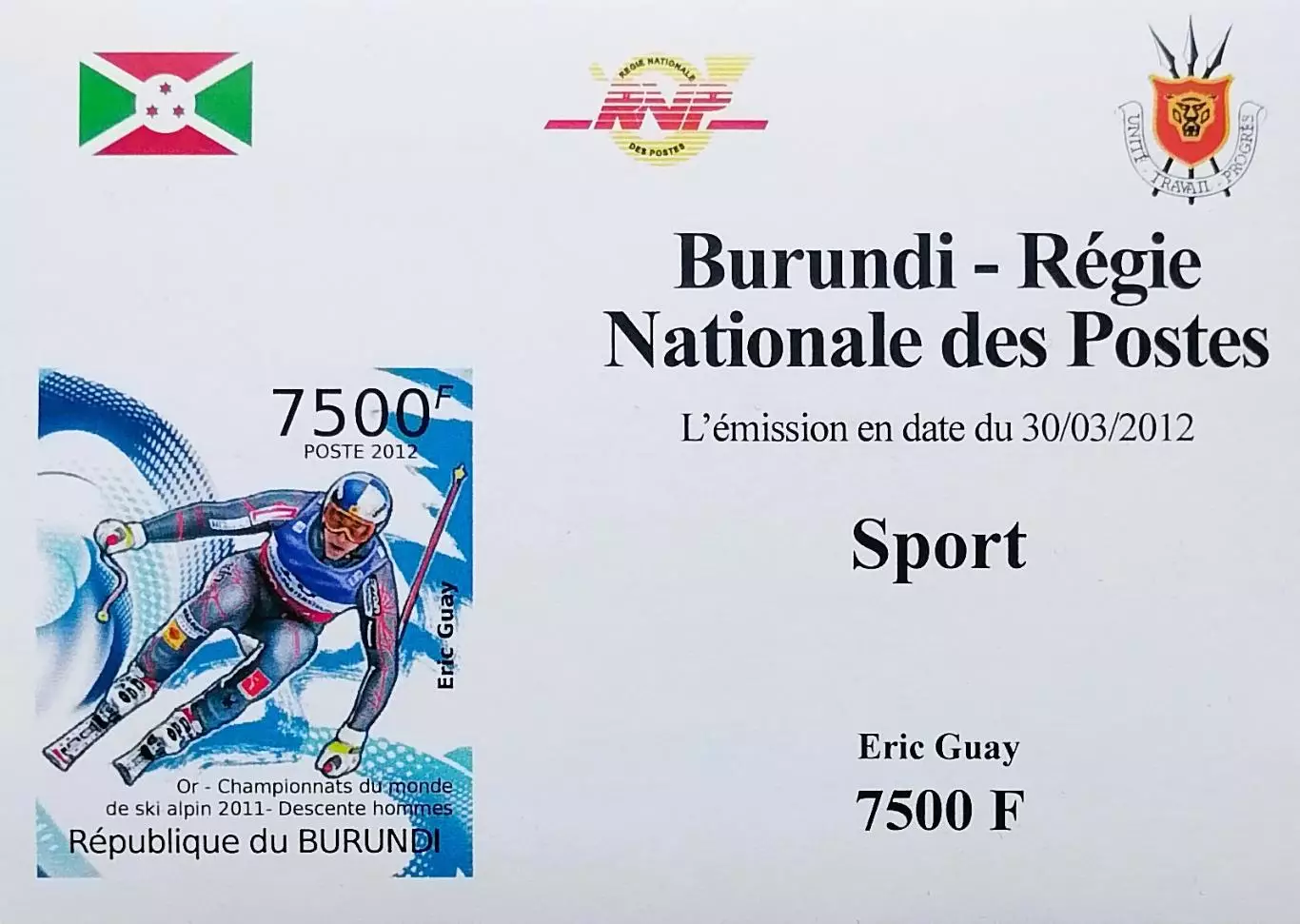 Люкс-блок б/з. Бурунди 2012. Чемпион мира Эрик Гэй. Горнолыжный спорт.
