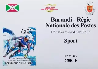 Люкс-блок б/з. Бурунди 2012. Чемпион мира Эрик Гэй. Горнолыжный спорт.